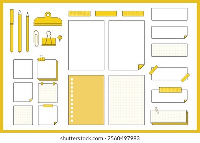 Stationery back to school hand drawn flat illustration elements set collection. Office school supplies, stationery, note, tape, pen, paper. For scrapbooking, graphic, infographic, banner