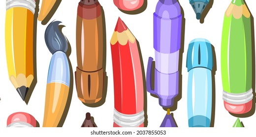 Stationery background illustration. Clouse up. Seamless horizontal pattern. Pencils and ballpoint and gel pens. Scattered in disarray. Cartoon design. Isolated on white background. Vector
