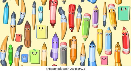 Stationery background illustration. Seamless horizontal pattern. Pencils and ballpoint and gel pens. They smile. Scattered in disarray. Books and notebooks. Cartoon design. Vector