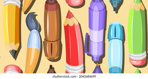 Stationery background illustration. Seamless horizontal pattern. Pencils and ballpoint and gel pens. Scattered in disarray. Clouse up. Cartoon design. Vector