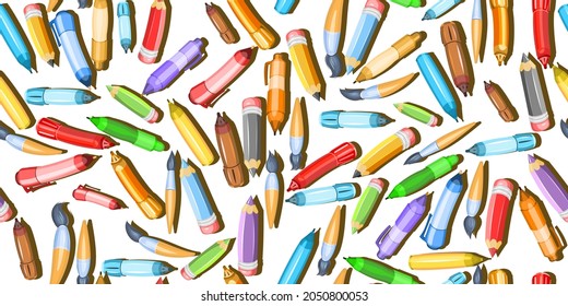 Stationery background illustration. Seamless horizontal pattern. Isolated on white background. Pencils and ballpoint and gel pens. Scattered in disarray. Cartoon design. Vector