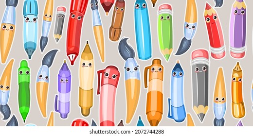 Stationery background illustration. Seamless horizontal pattern. Funny characters pencils and ballpoint and gel pens. Scattered in disarray. Cartoon design. Vector.