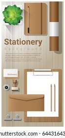 Stationery background with office equipment on wooden table , vector , illustration