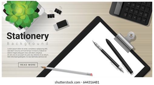 Stationery background with office equipment on wooden table , vector , illustration