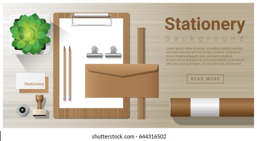 Stationery background with office equipment on wooden table , vector , illustration