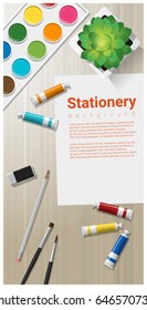 Stationery background with school supplies on wooden table , vector , illustration