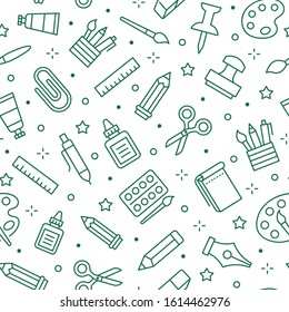 Stationery background, school tools seamless pattern. Art education wallpaper with line icons of pencil, pen, paintbrush, palette, notebook. Painter supplies vector illustration green white color.