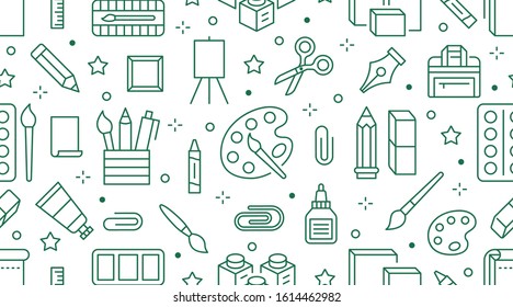 Stationery background, school tools seamless pattern. Art education wallpaper with line icons of pencil, pen, paintbrush, palette, notebook. Painter supplies vector illustration green white color.