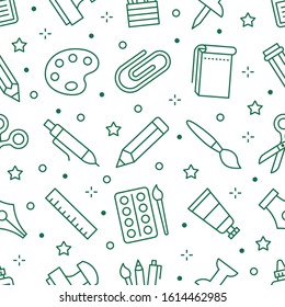 Stationery background, school tools seamless pattern. Art education wallpaper with line icons of pencil, pen, paintbrush, palette, notebook. Painter supplies vector illustration green white color.