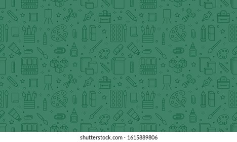 Stationery background, school tools seamless pattern. Art education wallpaper with line icons of pencil, pen, paintbrush, palette, notebook. Painter supplies vector illustration green color.