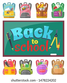 Stationery and backpacks, back to school text, chalkboard and schoolbags vector. Book and pencil, ruler and pen, divider and paintbrush, calculator and scissors. Back to school concept. Flat cartoon