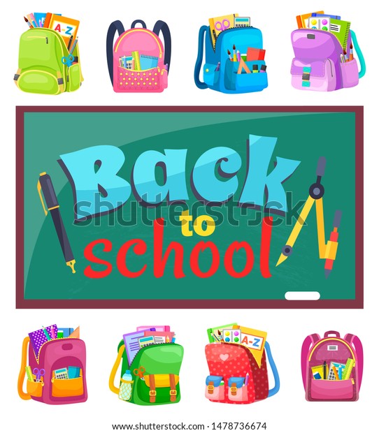 Stationery and backpacks, back to school text,\
chalkboard and schoolbags vector. Book and pencil, ruler and pen,\
divider and paintbrush, calculator and scissors. Back to school\
concept. Flat\
cartoon