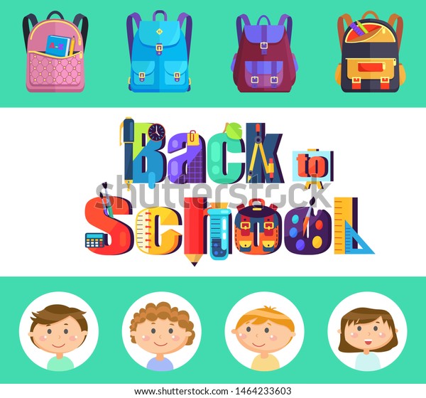 Stationery and backpacks, pupils or\
students children, back to school vector. Book and pencil, ruler\
and clock, divider and easel, calculator and flask. Flat\
cartoon