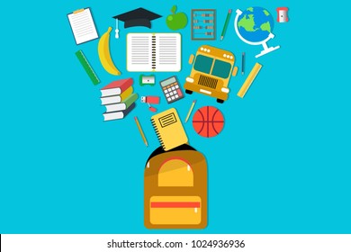 Stationery from bagpack. Vector eps illustration of different icons falling to backpack on blue background. Education concept.