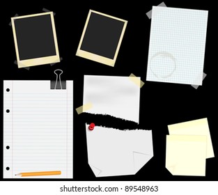 Stationery - Blank Aged Photo Frames, Lined, Squared and Ripped Papers  With Transparent Tape, Thumbtack and Memo Notes - isolated on Black