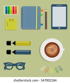 Stationery: Blue day planner spiral-bound with cute polka dots and tabs.Sti?kers. Markers Dark blue glasses.Pencil. Clips. Mobile phone. Smartphone. A cup of coffee with a heart. Vector illustration. 