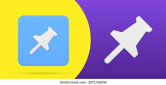 Stationery board pin simple 3d icon button vector illustration. Pushpin for attached reminder documents, important message information, office communication sheet tools. Equipment detail fixing blank