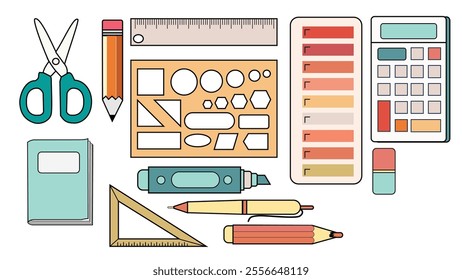 Stationery and book icons collection. Vector various types of Stationery and book icons isolated on white background