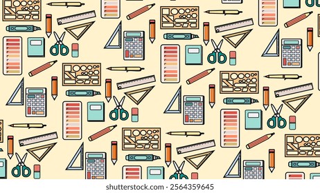 Stationery and book pattern background. Stationery and book illustration pattern. Stationery and book background. Perfect for fabrics, print, textile, wallpaper, and decor. SSTKbackgrounds