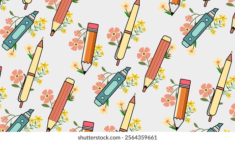 Stationery and book pattern background. Stationery and book illustration pattern. Stationery and book background. Perfect for fabrics, print, textile, wallpaper, and decor. SSTKbackgrounds