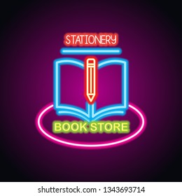 Stationery and book store neon sign for stationery and book signboard plank. vector illustration