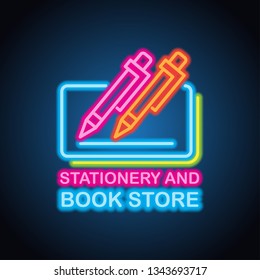 Stationery and book store neon sign for stationery and book signboard plank. vector illustration