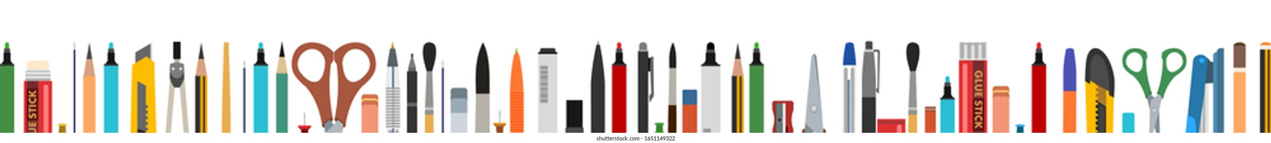 Stationery. Bottom horizontal background for web site, banner, booklet, business card. Vector illustration. Isolated on a white background. Pencils, pens, felt-tip pens, brushes, erasers, scissors