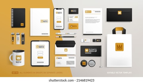Stationery Brand Identity Mock-Up Set With Crown Logo Design. Business Office Stationary Mockup Template Of  Annual Report Cover, Tablet Display, Bag, Brochure, Souvenirs, Etc. Editable Vector