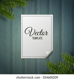 Stationery, Branding Mock-Up template. Vector corporate identity mock up. Paper on the wooden background. Empty blank on decorative background with fir-trees. Design elements for holiday cards. 