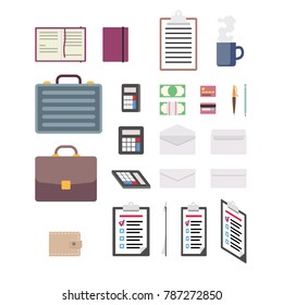 Stationery and briefcase icons set. Vector cartoon flat style illustration isolated on white.