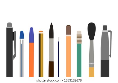 Stationery. Brushes, pens, pencils. Objects isolated on white background. Office and school supplies. Flat style. Tools for creativity. Vector