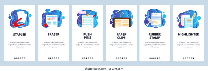 Stationery. Business office supplies. Stapler eraser paper clips, rubber stamp, highlighter. Mobile app screens. Vector banner template for website and mobile development. Web site design illustration