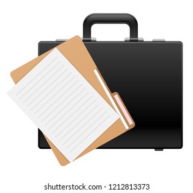 Stationery for business and office work. Set of paper and folder with black briefcase. Working materials for drafting contracts, accounting reports and information analysis. EPS10 vector illustration 