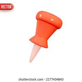 Stationery button. Red Pin Pushpin. Office thumbtacks. Realistic 3d design element In plastic cartoon style. Icon isolated on white background. Vector illustration