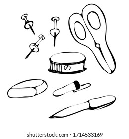 Stationery. Buttons, pen, scissor, gum, sharpener. Sketch. Style doodle. Vector illustration