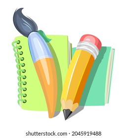 Stationery cartoon. Brushes and pencils. Funny style. Book and notebook. Isolated on white background. Symbolic object. Childrens design. Vector