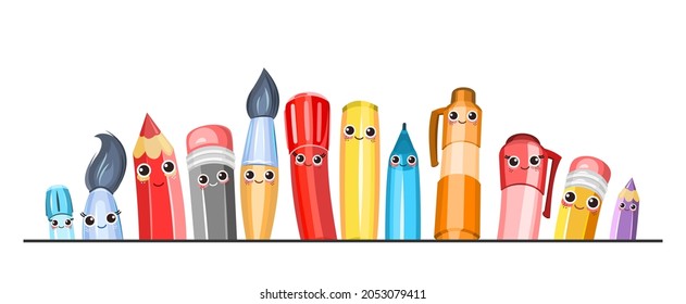 Stationery. Cartoon characters with faces. Markers and pencils. Cheerful cute characters with smiles. A friendly company of tools for painting and creativity. Isolated on white background. Vector