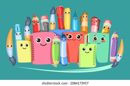 Stationery. Cartoon characters with faces. Markers and pencils. Cheerful characters with smiles. A friendly company of tools for painting and creativity. Illustration. Vector