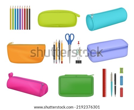 Stationery cases. School pens brushes in colored pencil cases for education decent vector realistic pictures set
