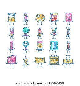 stationery character school doodle icons set vector. sketch line art pencil, education cute, study pen, funny book, happy student, children mascot stationery character school color illustrations