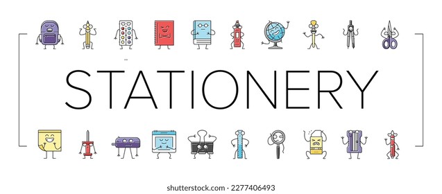 stationery character school icons set vector. pencil, education cute, study pen, funny book, happy student, children mascot stationery character school color line illustrations