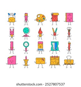 stationery character school icons set vector. pencil, education cute, study pen, funny book, happy student, children mascot stationery character school color Contour Illustrations