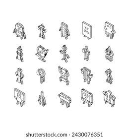 stationery character school isometric icons set. pencil, education cute, study pen, funny book, happy student, children mascot stationery character school color line