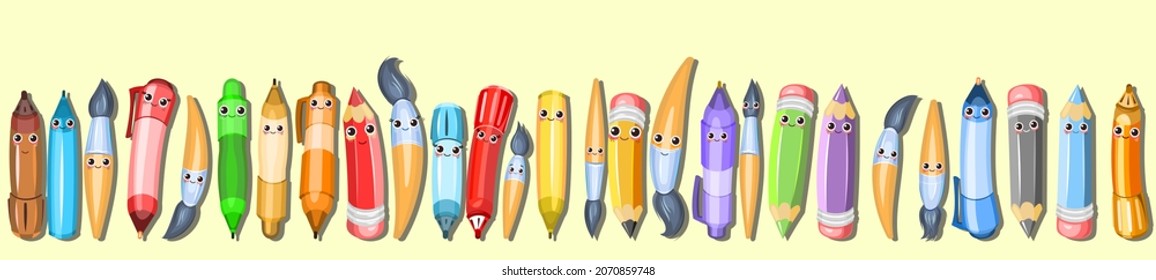 Stationery characters. Horizontal composition for the border. Pencils and brushes. Items for creativity. Ballpoint and gel pens. Cheerful cartoon style. Vector.