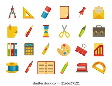 Stationery collection. Color icons of school supplies. Scissors and notebook. Paint palette. Eraser or brush. Paper folders. Pen and pencil background. Vector office accessories set