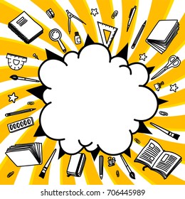 Stationery collection. Comics pop-art style empty bang shape. Outline style. Back to school thin line vector doodle illustration template isolated on twisted yellow background. Sketchy vector backpack