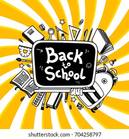 Stationery collection. Outline style. Back to school thin line vector doodle illustration template isolated on twisted background. Sketchy vector backpack and stationery for graphic design, web banner