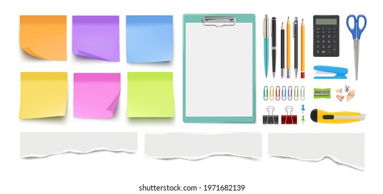 Stationery collection. Realistic pen pencil, notes sheets. Isolated scissors, paper clips and ripped edge pieces vector set