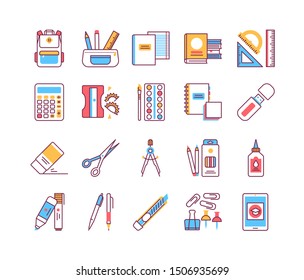 Stationery color line icons set. School, office supplies. Calculator, backpack, eraser, pens, e-learning, brush, flash drive, scissors, ruler, notebook. Sign for web page, mobile app, banner.