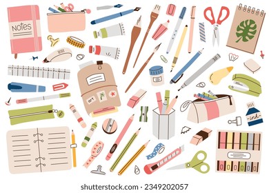 Stationery colored collection. School and office supplies. Pencils, notebooks and accessories. Flat cartoon drawing tools. Highlighters, brush pens. Vector illustrations isolated on white background